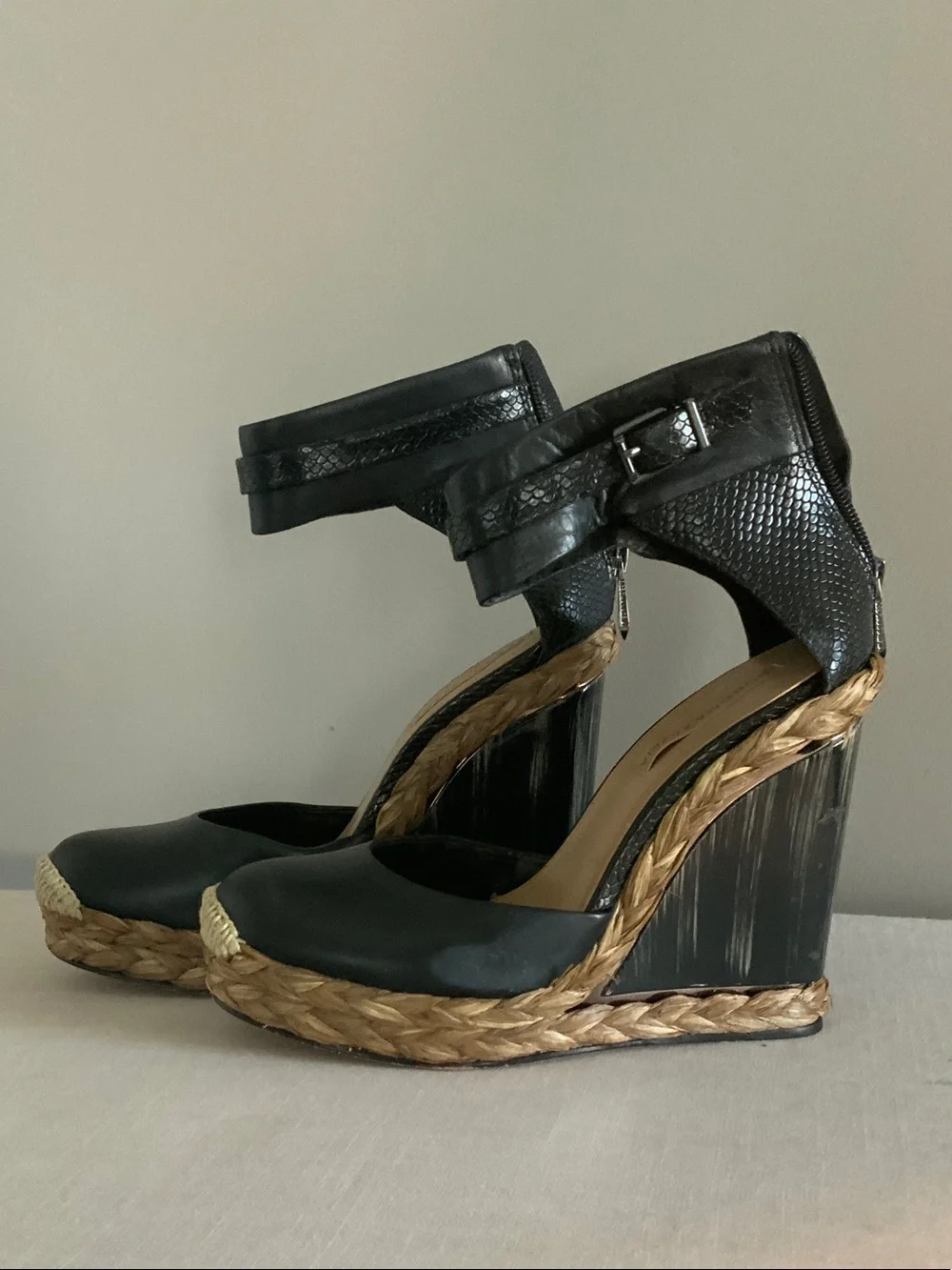 BCBGMaxAzria Black Leather Platform Espadrille Wedges